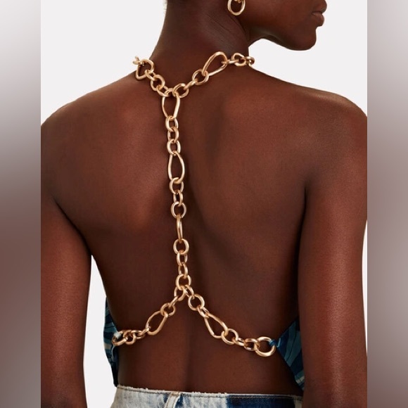 NWT Cult Gaia Olivine Backless Gold Chain Detail Halter Crop Top Paisley Blue S - Picture 7 of 10